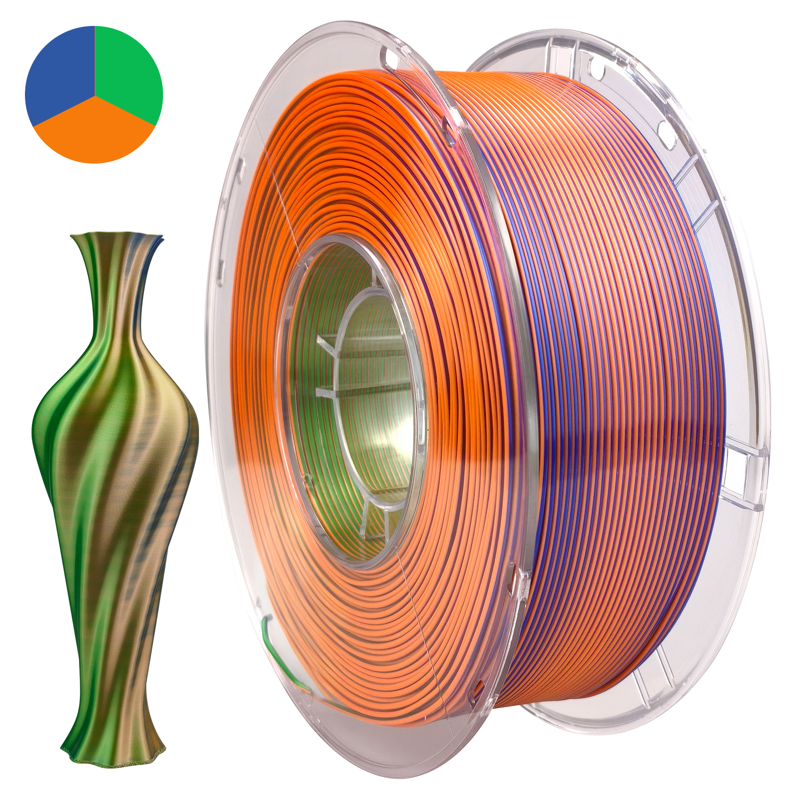 PLA Silk tricolor azul/verde/laranja, código WA-SILKT04