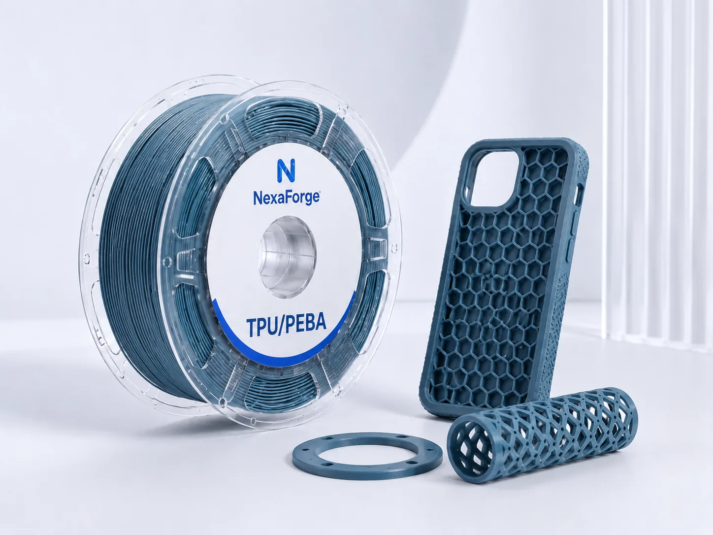 TPU / PEBA Flexible filament spool with printed model